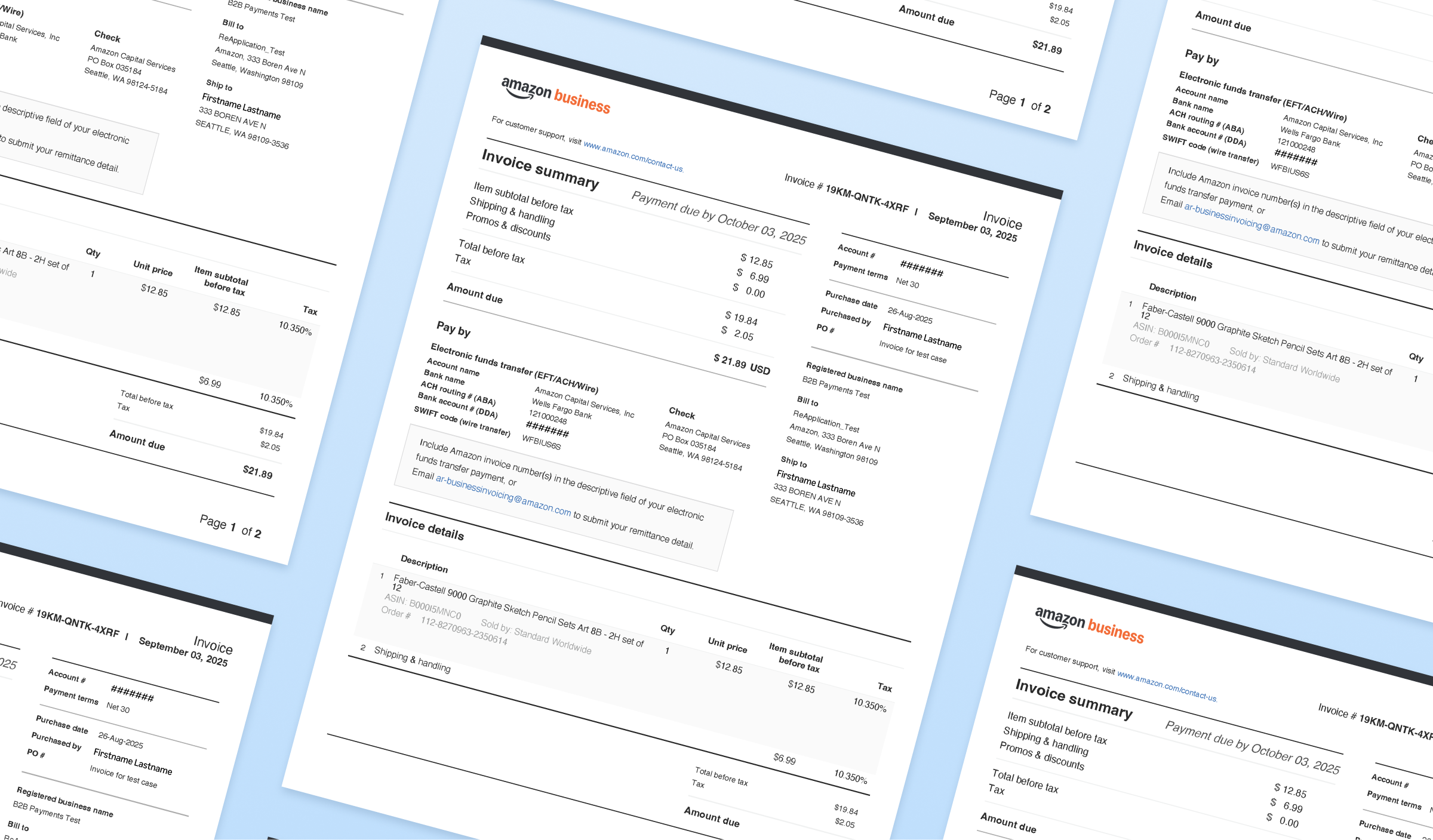 Amazon Business invoices showing the invoice summary, amount due, and remittance payment details